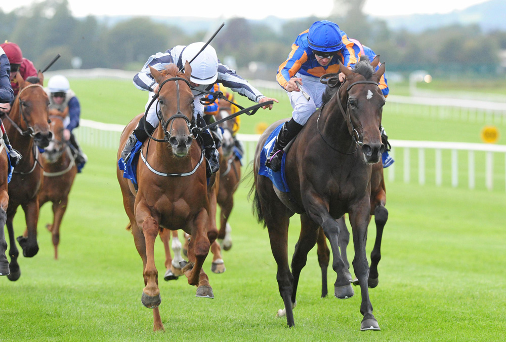 Alpine Star (left) finishes strongly to deny Petite Mustique in the Group 2 Debutante Stakes at the Curragh.