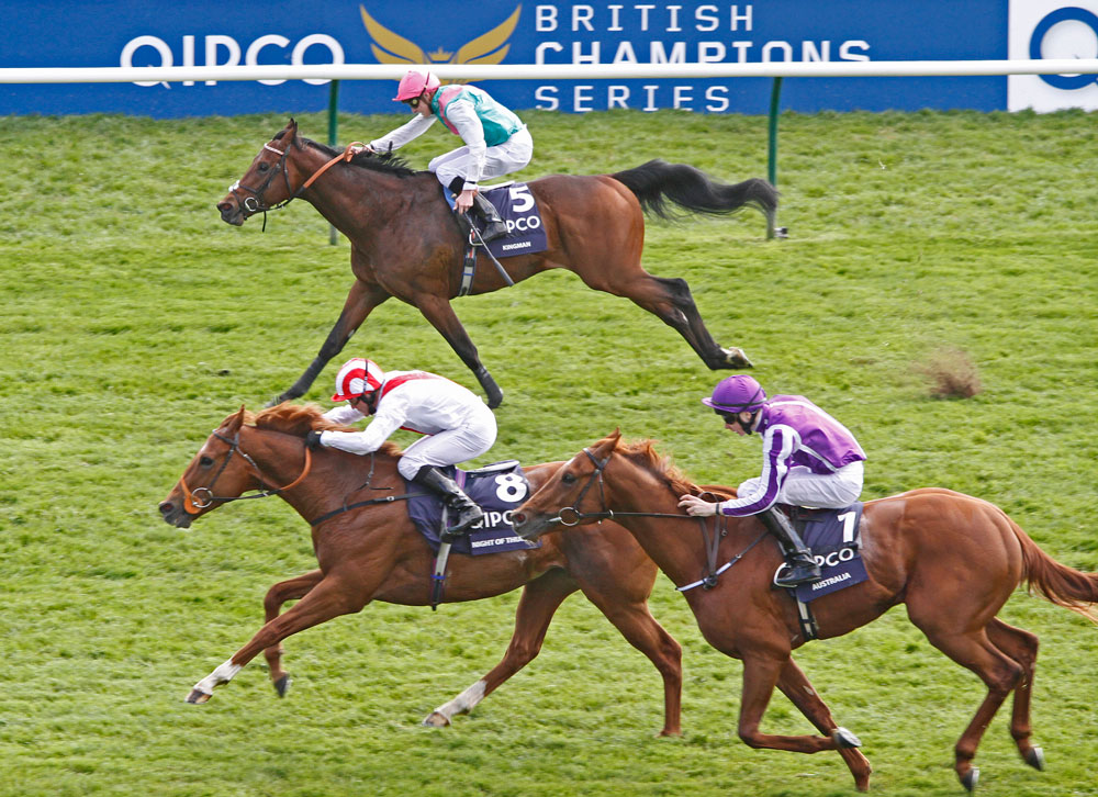Night Of Thunder finishes with a flourish to overhaul Kingman and Australia in the Group 1 2,000 Guineas at Newmarket.