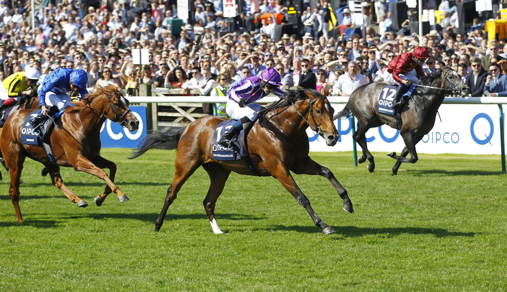 Saxon Warrior stays on strongly to win the 2,000 Guineas with Masar (blue) back in third. These two look the most likely to stay the Derby trip.