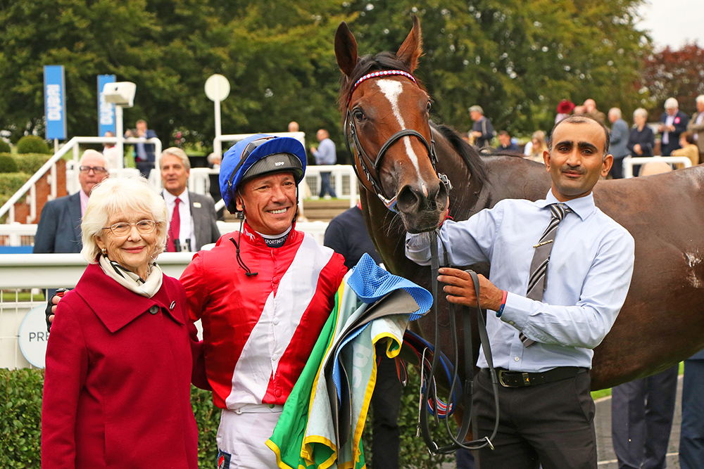 A delighted Patricia Thompson and jockey Frankie Dettori pose with Inspiral after that unbeaten filly’s superb victory in the Fillies’ Mile at Newmarket. She goes into the winter as favourite for both next year’s 1000 Guineas and Oaks.